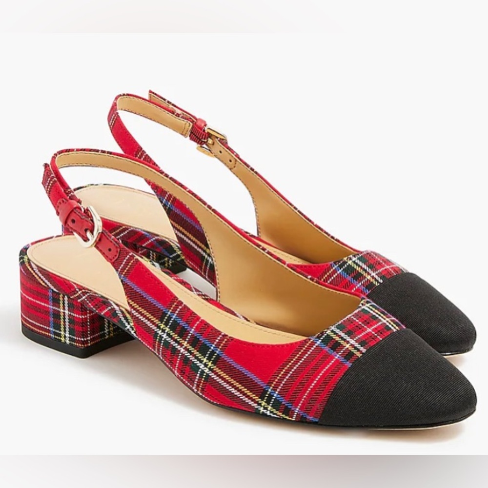 J.Crew Red and Black Tartan Plaid Slingback Dress Holiday Low Heel Shoes 6, 7, 8